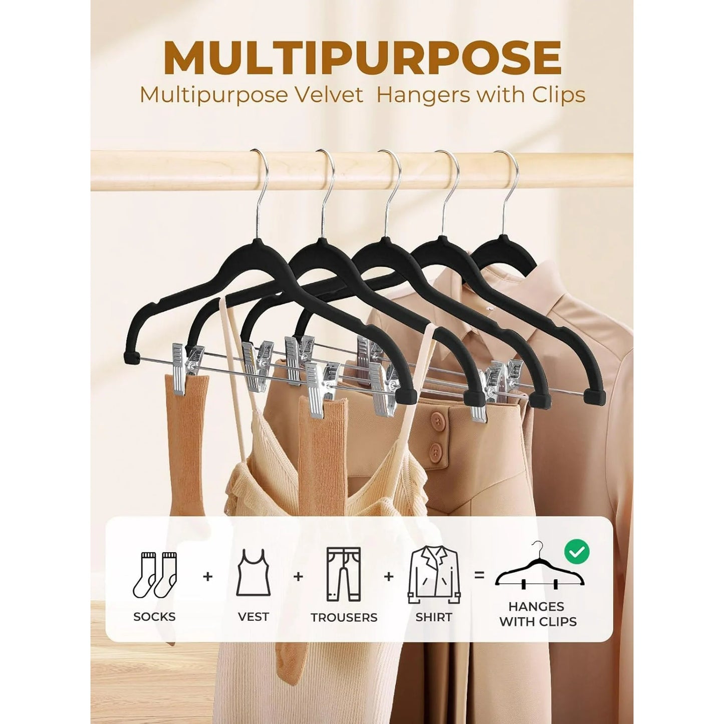 HOUSE DAY Velvet Skirt Hangers 24 Packs Velvet Hangers with Clips Ultra Thin Non Slip Velvet Pants Hangers Space Saving Clothes Hangers for Skirts, Pant, Jeans (Black)