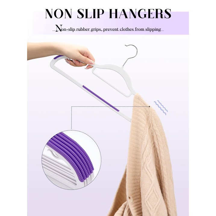 HOUSE DAY 50 Pack Coat Hangers Heavy-Duty 360° Swivel Hook Plastic Hangers with Non-Slip Design Space-Saving Light, Purple