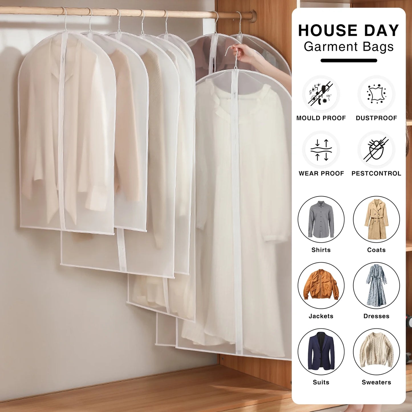 HOUSE DAY Large Clear Garment Bags-Moth Proof Garment Bags, Garment Cover, Hanging, Dress Garment Bags Storage for Travel