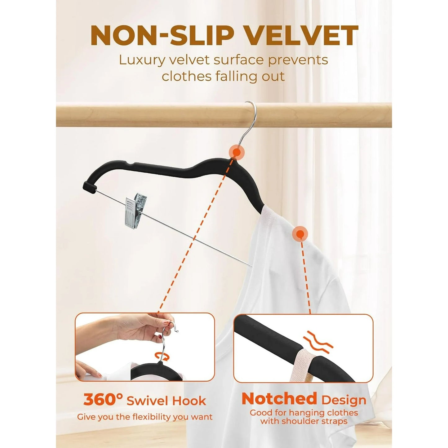 HOUSE DAY Velvet Skirt Hangers 24 Packs Velvet Hangers with Clips Ultra Thin Non Slip Velvet Pants Hangers Space Saving Clothes Hangers for Skirts, Pant, Jeans (Black)