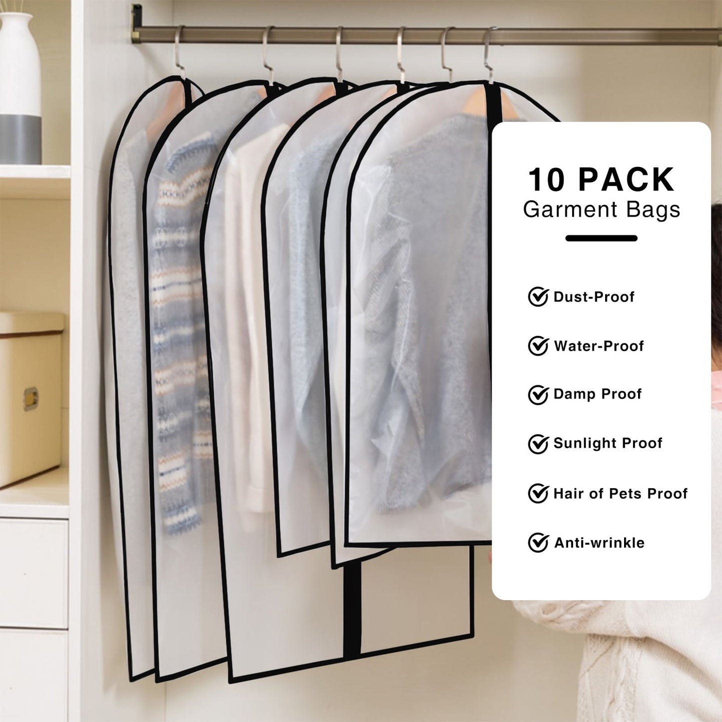 HOUSE DAY Clear Garment Bags, Dress bags for Storage 60 inch, Hanging Suit Bags for Closet Storage , Dust Suit Cover Bags, Washable Clothes Protectors Hanging Clothes Bag (Set of 6,Black)