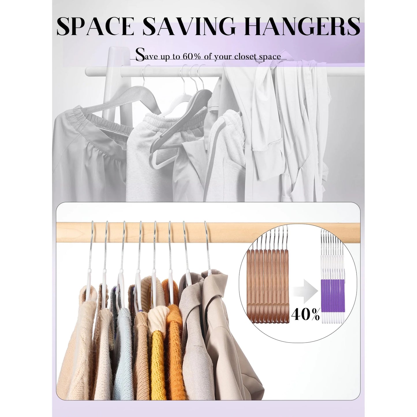 HOUSE DAY 50 Pack Coat Hangers Heavy-Duty 360° Swivel Hook Plastic Hangers with Non-Slip Design Space-Saving Light, Purple