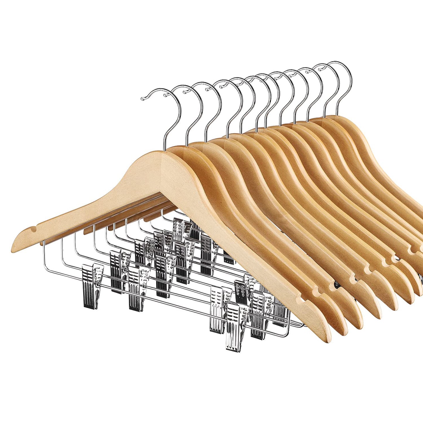 ACSTEP 12 Pack High-Grade Wooden with Metal Clips, Suit Hangers Skirt Hangers, Natural