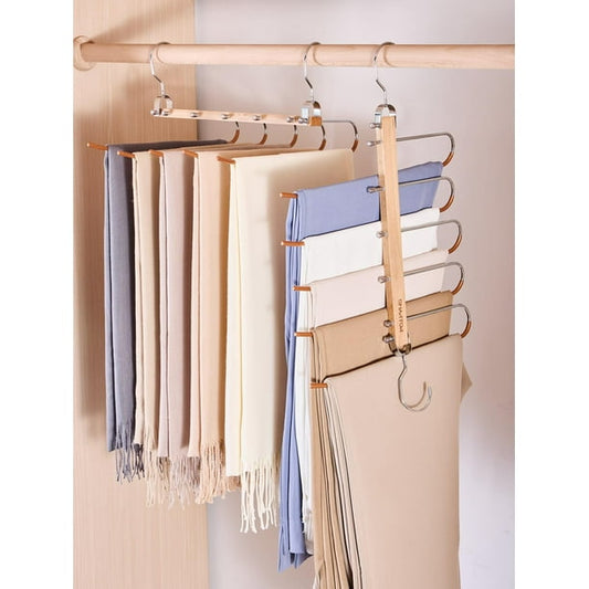 HOUSE DAY 3 Pack Pants Hangers Space Saving, 5 Layers Folding Space Saving Wood Jean Hangers , S-Shape Multiple Pants, Silver