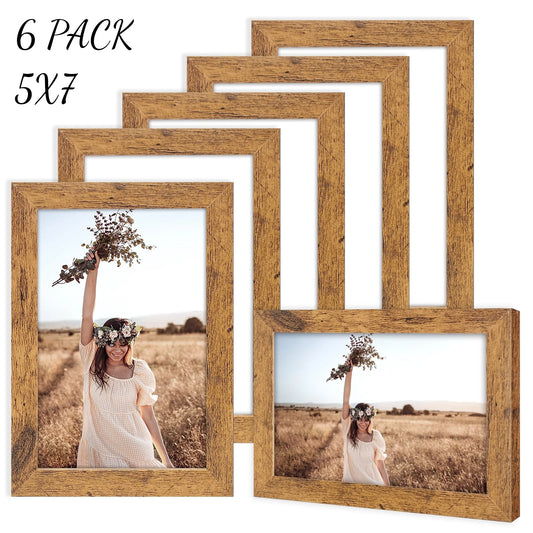 HOUSE DAY 4*6" Picture Frame,Nature MDF Wood Pre-Installed Wall Mount Vertically or Horizontally Photo Frames, Set of 4