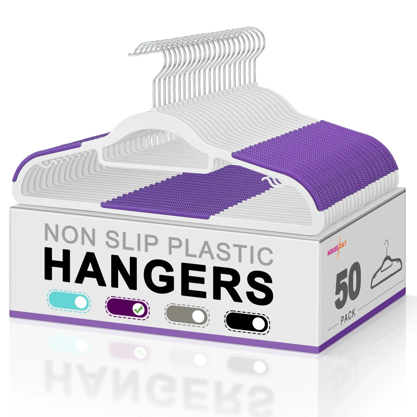 HOUSE DAY 50 Pack Coat Hangers Heavy-Duty 360° Swivel Hook Plastic Hangers with Non-Slip Design Space-Saving Light, Purple