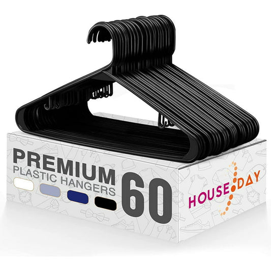 HOUSE DAY Black Plastic Hangers 60 Pack, Durable Clothes Hanger with Hooks, Space Saving Hangers are Perfect for Use in Any Closet, Light-Weight Clothes Hangers Plastic for Everyday Use