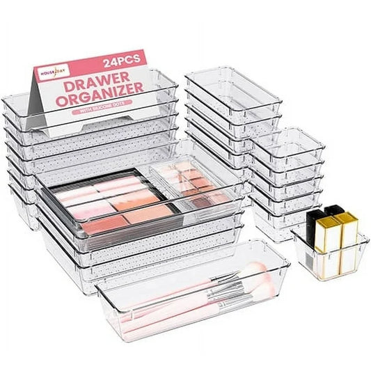 HOUSE DAY Clear Acrylic Makeup Drawer Organizer 24 Pcs, 4-Size Drawer Organizers with Silicone Pads - for Vanity, Bathroom, Kitchen, Office