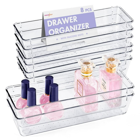 HOUSE DAY Desk Drawer Organizer Bins 8 PCS, 9*3*2" Clear Drawer Organizers with Silicone Pads, Vanity Organizers and Storage, Non Slip Plastic Drawer Organizer for Makeup, Bathroom, Kitchen, Office