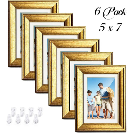 HOUSE DAY Picture Frames Set of 6,Tabletop Display and Wall Mounting Home Decorative Gold Photo Frames