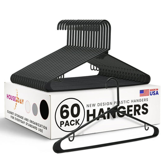 HOUSE DAY Plastic Hangers - 60 Pack 16.7 inches New Design Black Clothes Hangers with Non-Slip Hook