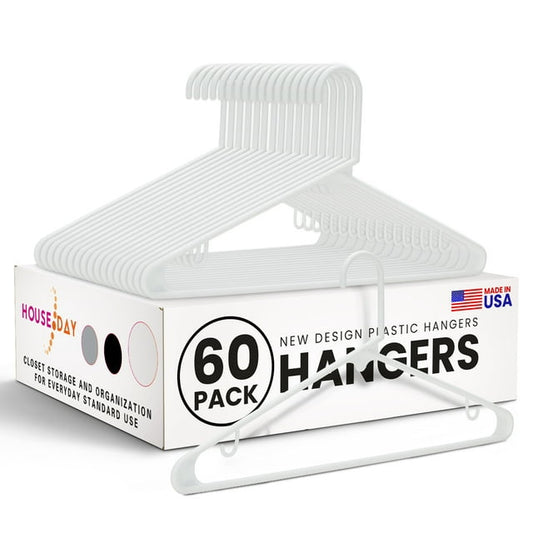 HOUSE DAY Plastic Hangers - 60 Pack 16.7 inches New Design White Clothes Hangers with Non-Slip Hook