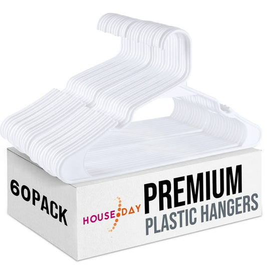 HOUSE DAY Plastic Hangers 60 Pack, White Plastic Clothes Hangers Space Saving for Closet, Laundry Hangers for Adult Coat, Suit, Shirt, Dress