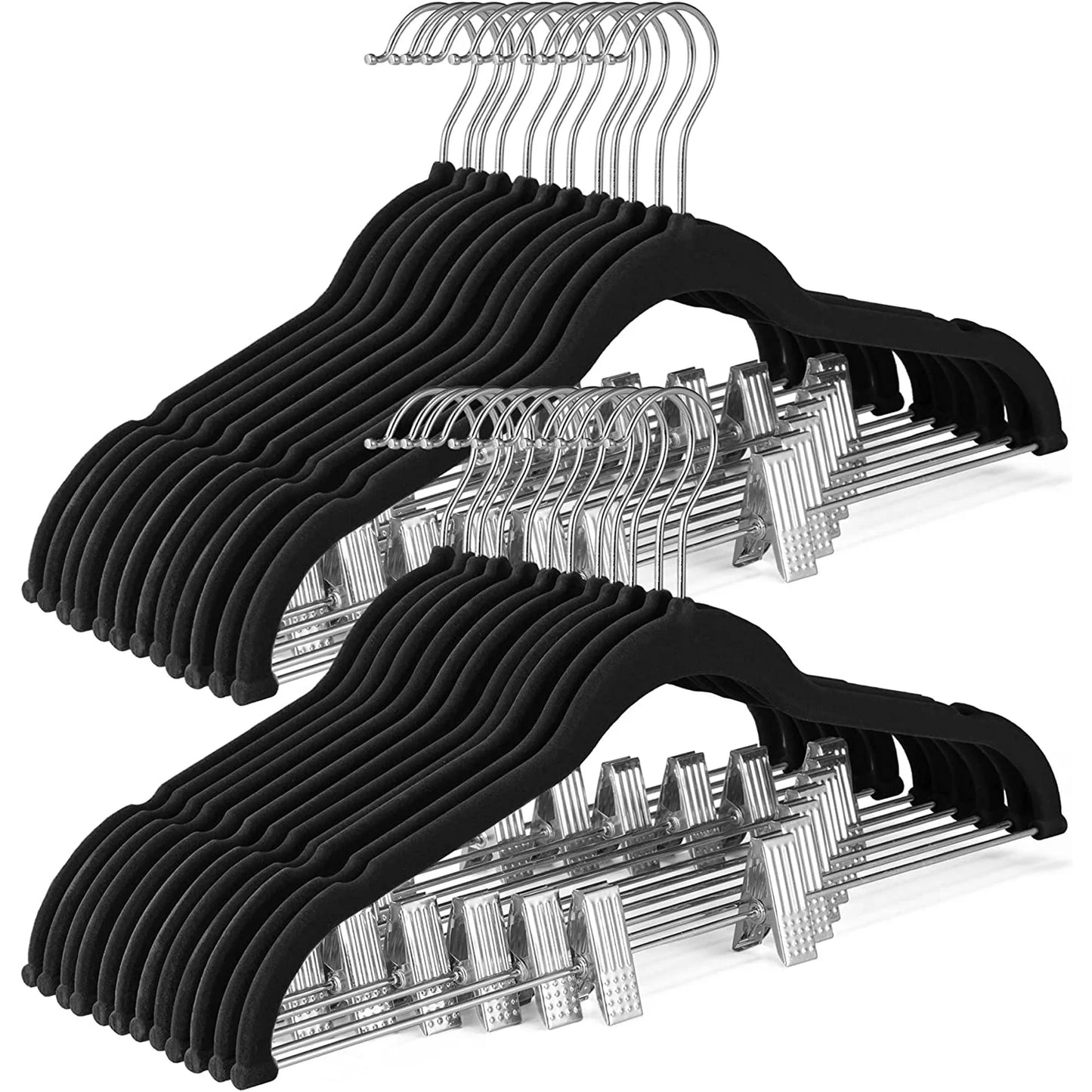 HOUSE DAY Velvet Skirt Hangers 24 Packs Velvet Hangers with Clips Ultra Thin Non Slip Velvet Pants Hangers Space Saving Clothes Hangers for Skirts, Pant, Jeans (Black)