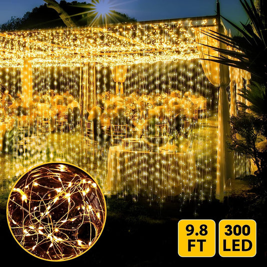 Metronic Fairy Lights 300LED Fairy Lights for Bedroom, 9.8 X 9.8ft Christmas Light Indoor Warm Curtain Lights Indoor, 8 Modes String Lights with Remote Led Lights for Bedroom