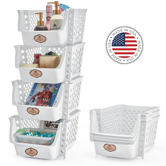 Metronic White Stackable Storage Bins Set of 4, Plastic Storage Baskets for Kitchen Storage and Toy Storage, Space Saving Organization Container