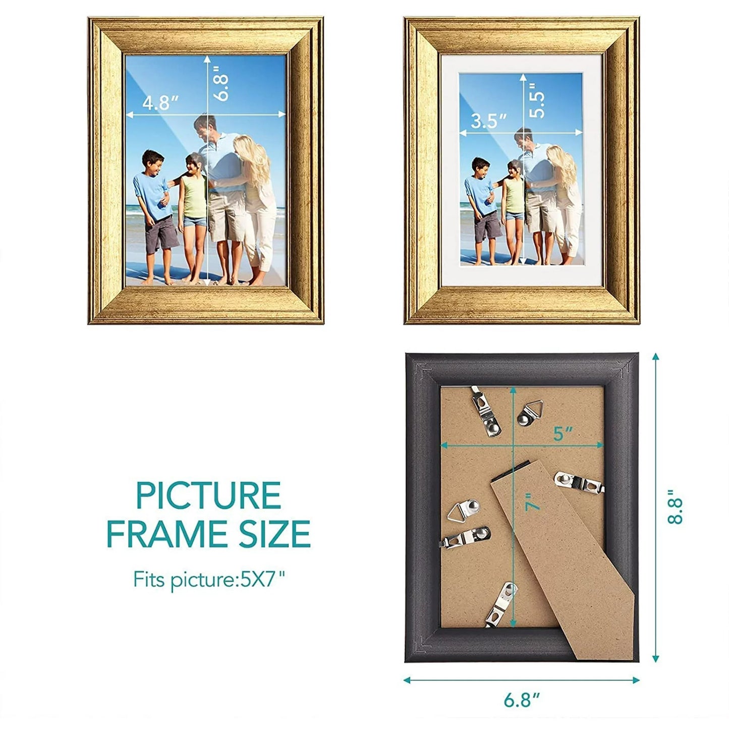 HOUSE DAY Picture Frames Set of 6,Tabletop Display and Wall Mounting Home Decorative Gold Photo Frames