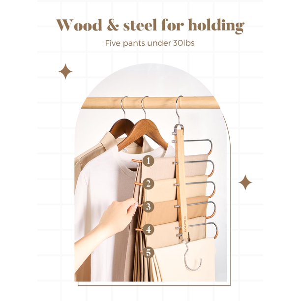 HOUSE DAY 3 Pack Pants Hangers Space Saving, 5 Layers Folding Space Saving Wood Jean Hangers , S-Shape Multiple Pants, Silver