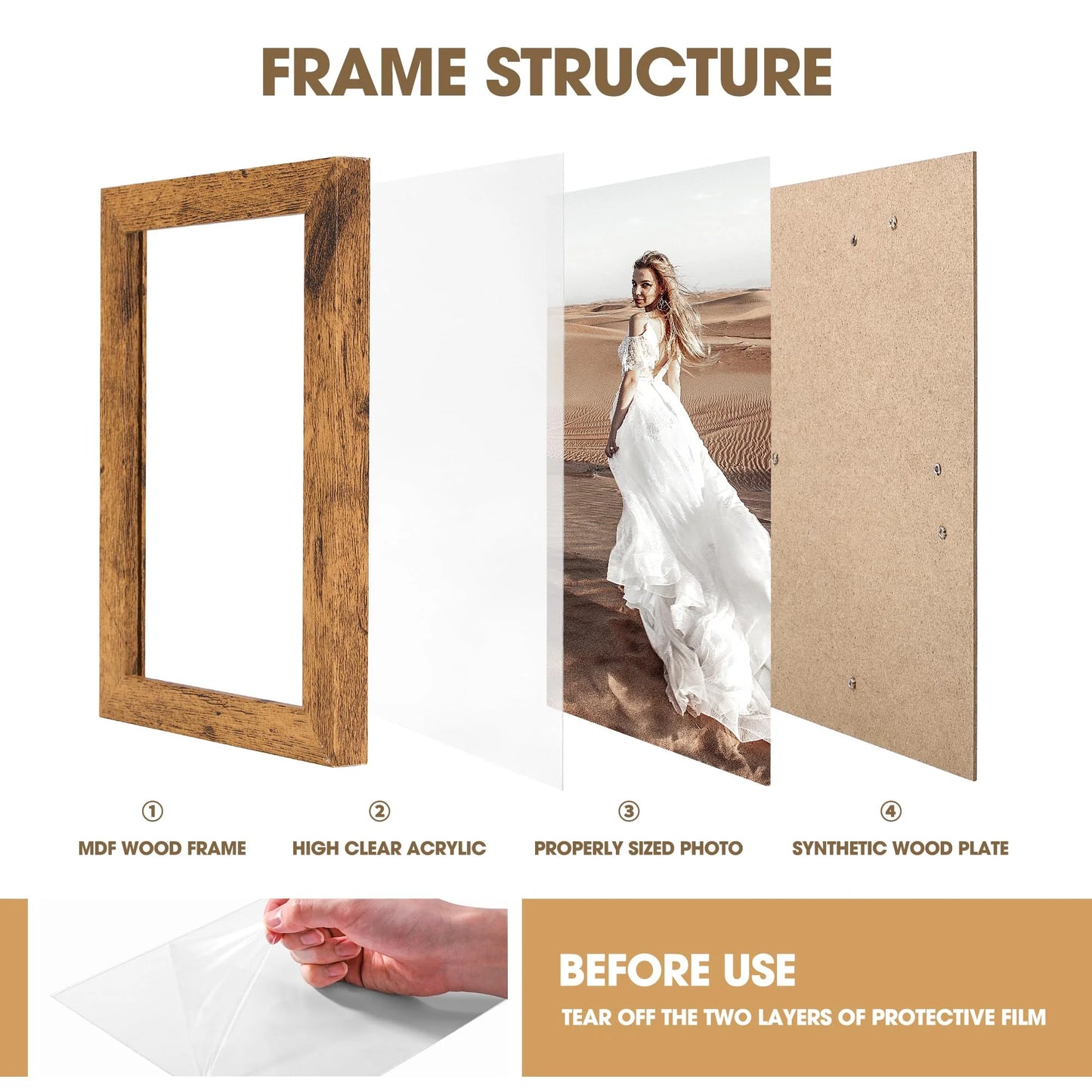 HOUSE DAY 4*6" Picture Frame,Nature MDF Wood Pre-Installed Wall Mount Vertically or Horizontally Photo Frames, Set of 4