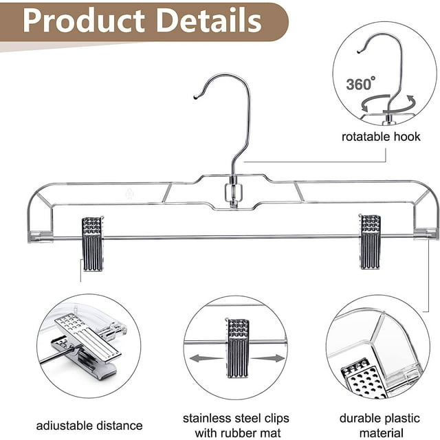 HOUSE DAY Pant Hangers with Clips, Plastic Hangers, Clothes Hangers, 12 Pack, Clear, 14 inch