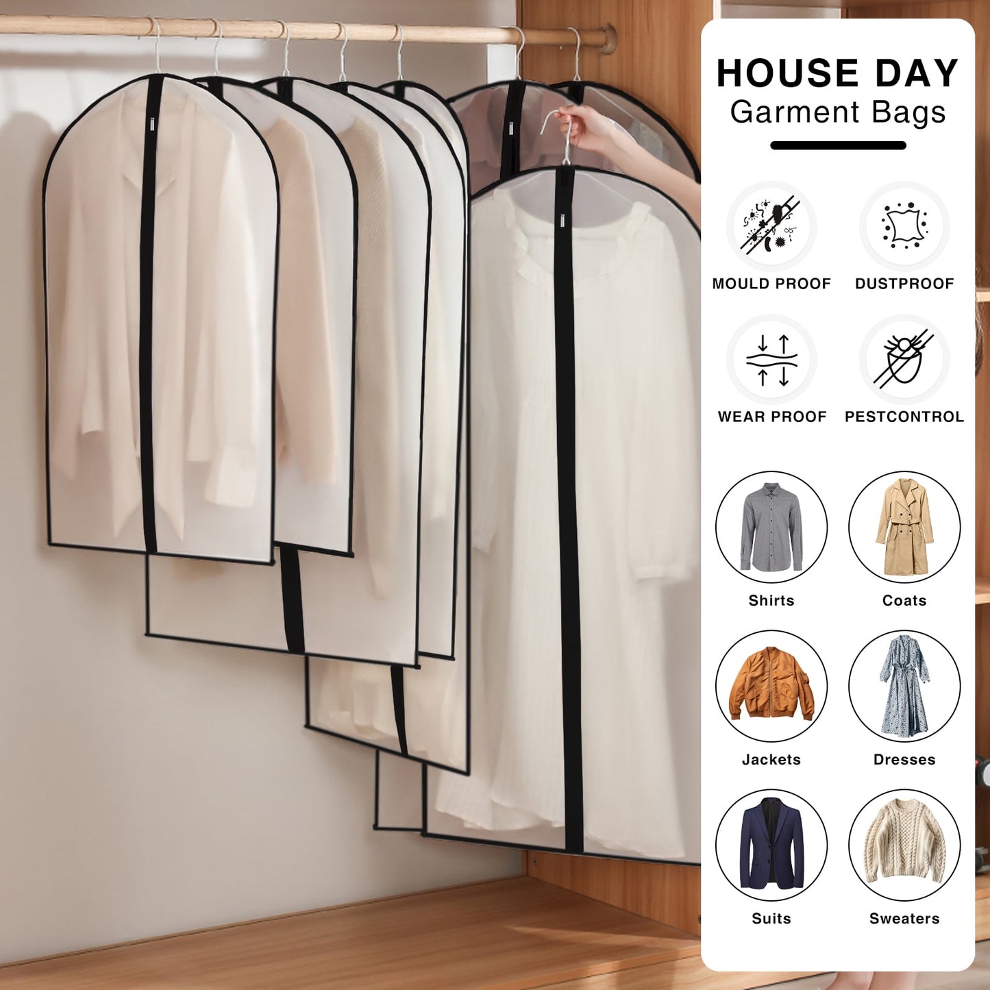 HOUSE DAY Clear Garment Bags, Dress bags for Storage 60 inch, Hanging Suit Bags for Closet Storage , Dust Suit Cover Bags, Washable Clothes Protectors Hanging Clothes Bag (Set of 6,Black)