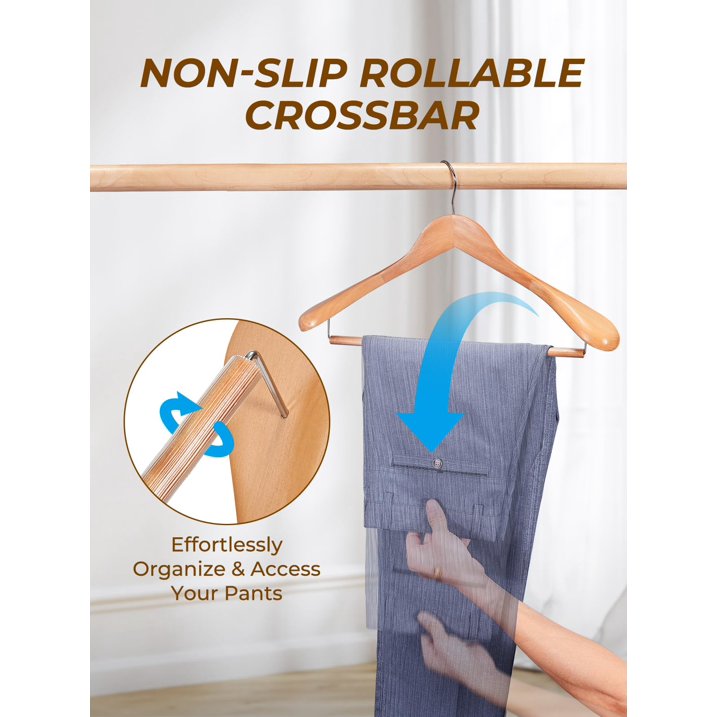 HOUSE DAY Wide Shoulder Wooden Hangers, Wood Suit Hangers with Non Slip Pant Holder