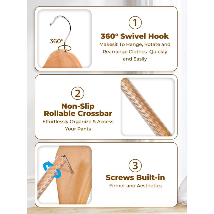 HOUSE DAY Wide Shoulder Wooden Hangers, Wood Suit Hangers with Non Slip Pant Holder