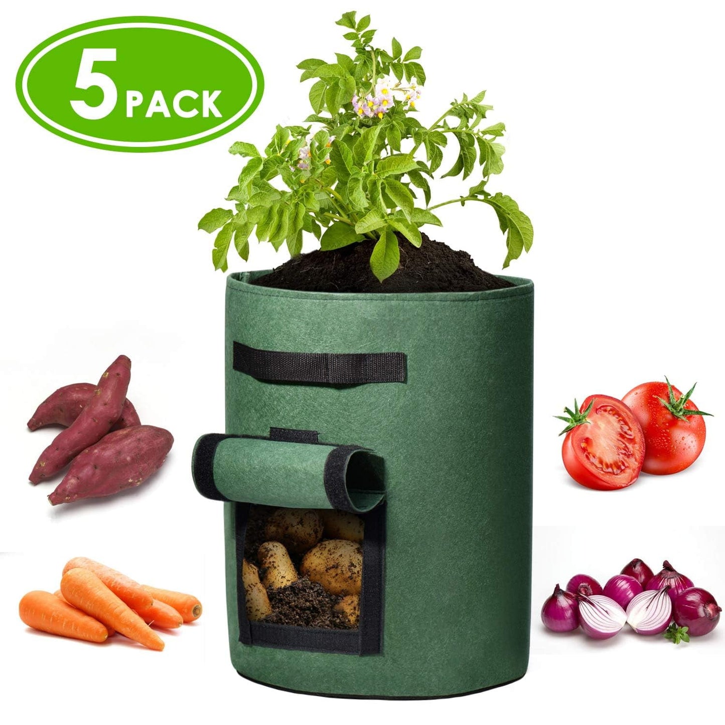 House Day 7 Gallon 5 Pack Plant Grow Bags, Non-Woven Fabric Plant Pots,Green