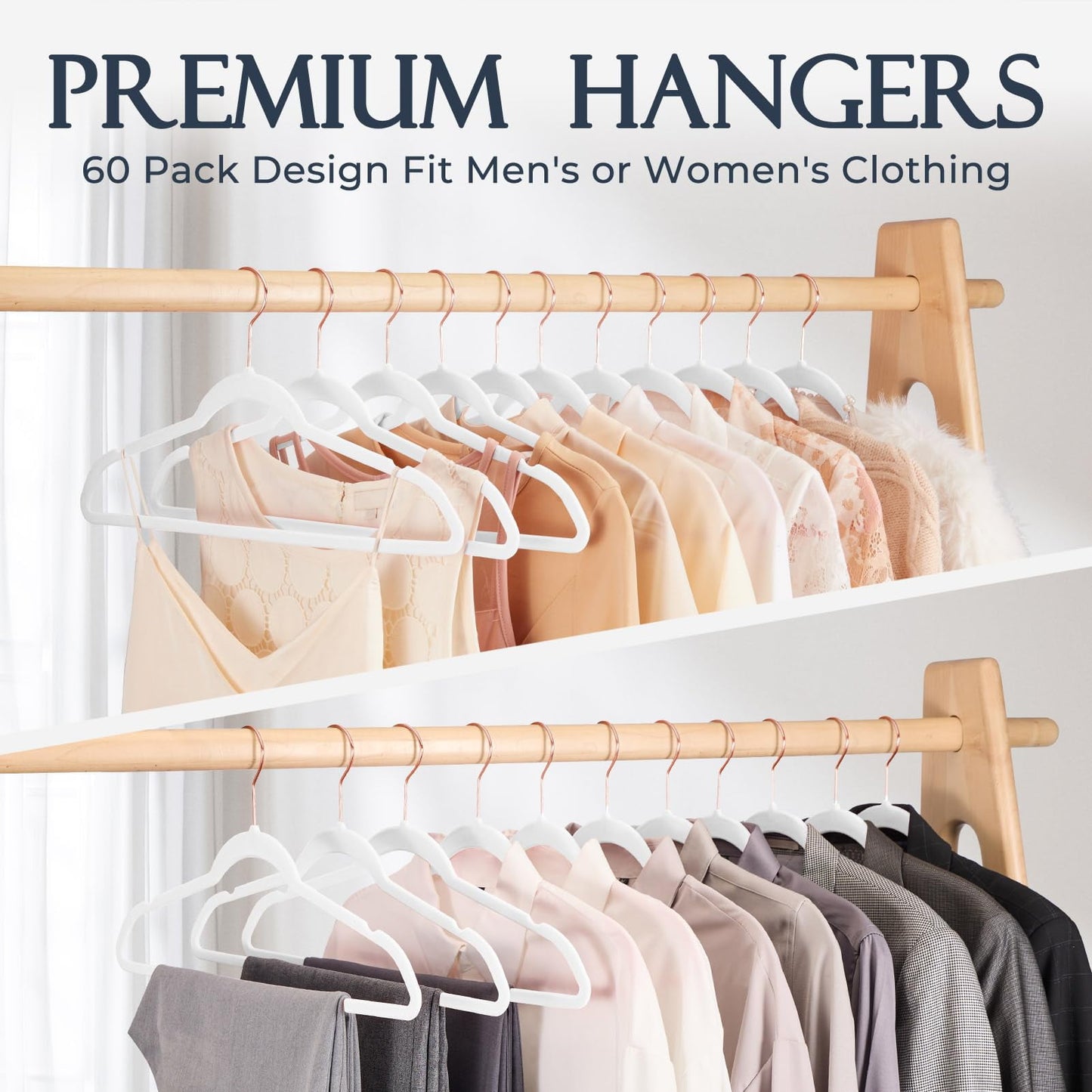 HOUSE DAY Velvet Hangers 60 Pack, Premium Non-Slip Felt Clothes, Sturdy Heavy Duty Coat, Durable Hangers for Suits, Space Saving with No Hanger Mark, 360 Swivel Rotating Rose Gold Hook