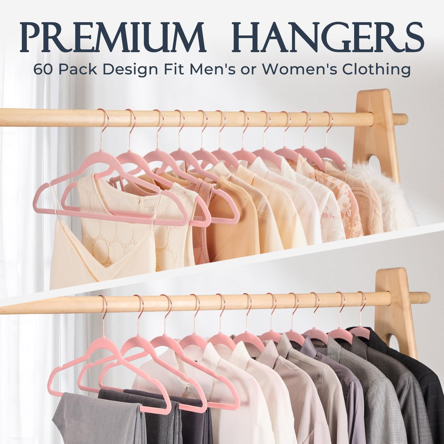 HOUSE DAY Velvet Hangers 60 Pack, Premium Non-Slip Felt Clothes, Sturdy Heavy Duty Coat, Durable Hangers for Suits, Space Saving with No Hanger Mark, 360 Swivel Rotating Rose Gold Hook