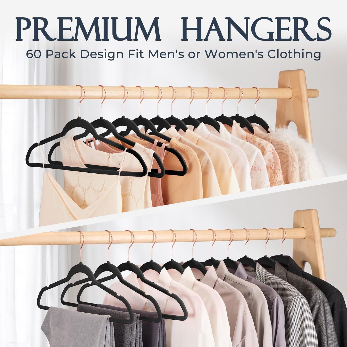 HOUSE DAY Velvet Hangers 60 Pack, Premium Non-Slip Felt Clothes, Sturdy Heavy Duty Coat, Durable Hangers for Suits, Space Saving with No Hanger Mark, 360 Swivel Rotating Rose Gold Hook