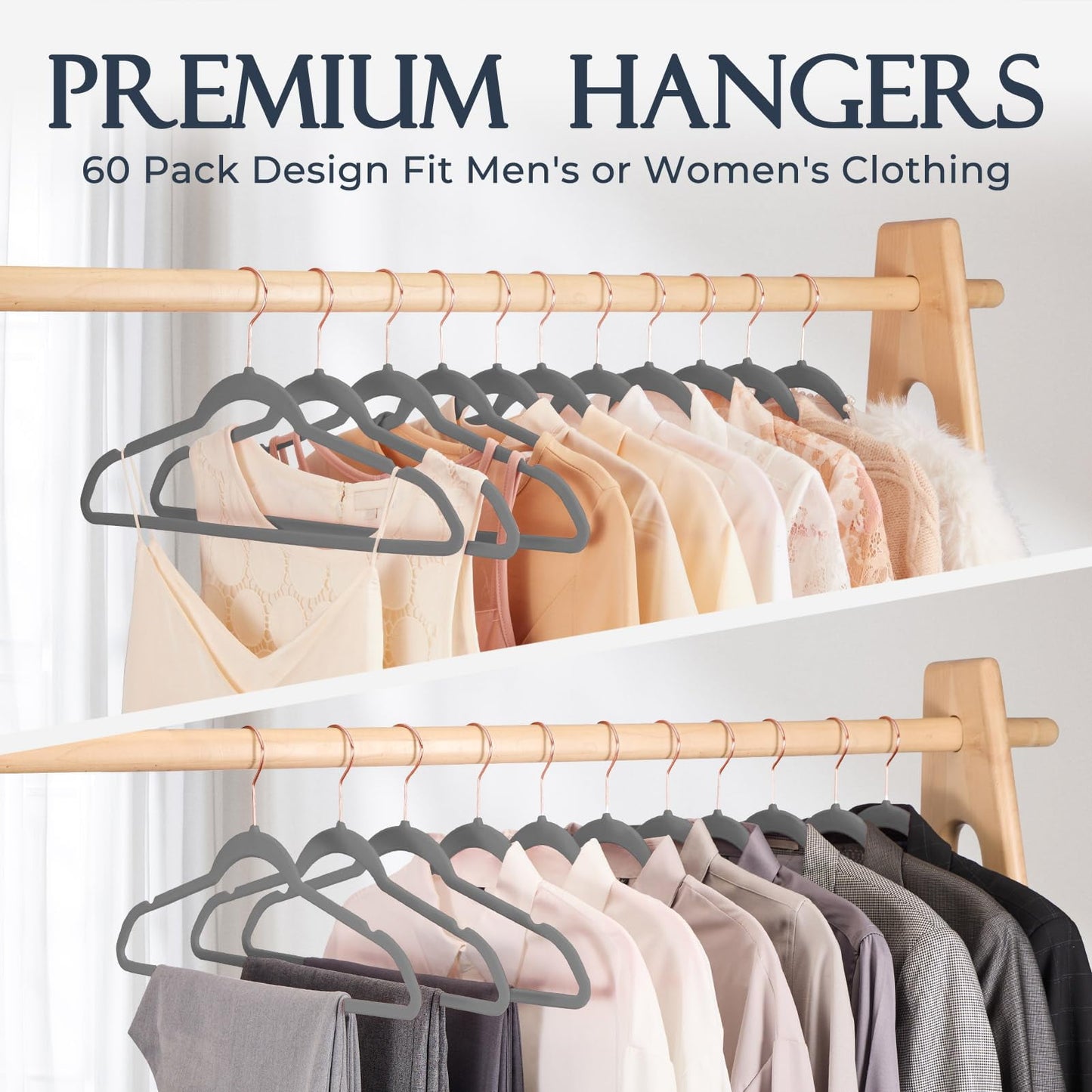 HOUSE DAY Velvet Hangers 60 Pack, Premium Non-Slip Felt Clothes, Sturdy Heavy Duty Coat, Durable Hangers for Suits, Space Saving with No Hanger Mark, 360 Swivel Rotating Rose Gold Hook