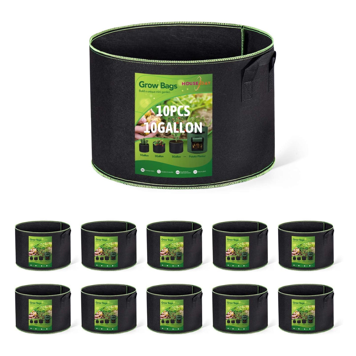 HOUSE DAY 10 Gallon Grow Bags,Non-Woven Fabric Pots,Vegetable Planter Container,10 Pack, Black