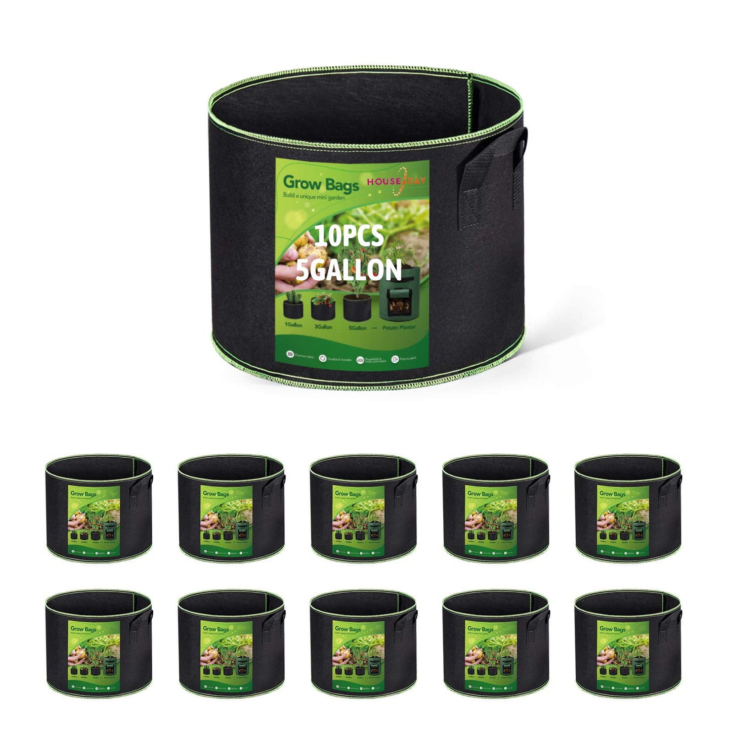 HOUSE DAY 10 Pack 5 Gallon Grow Bags,Non-Woven Fabric Pots,Vegetable Planter Container,Black