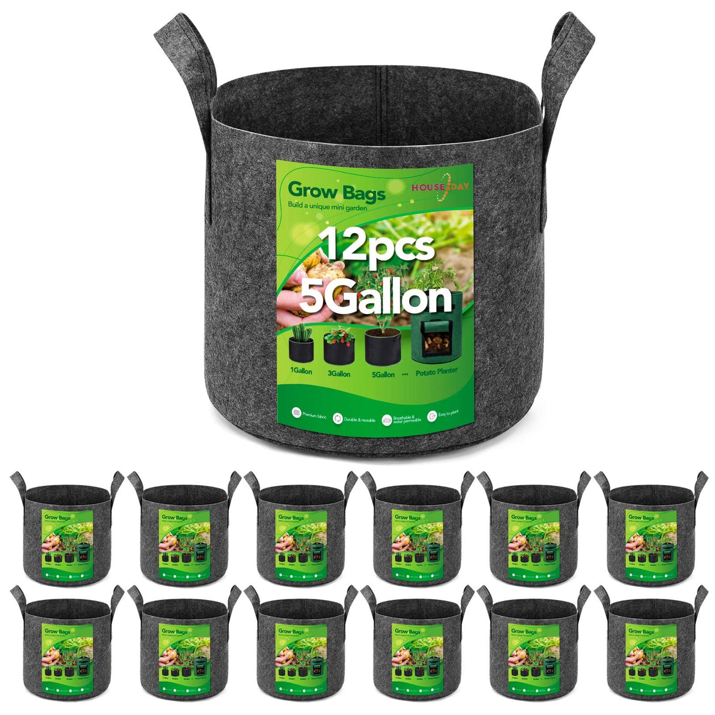 HOUSE DAY 10/5 Gallon Grow Bags,Non-Woven Fabric Pots,Vegetable Planter Container,12 Pack, Grey