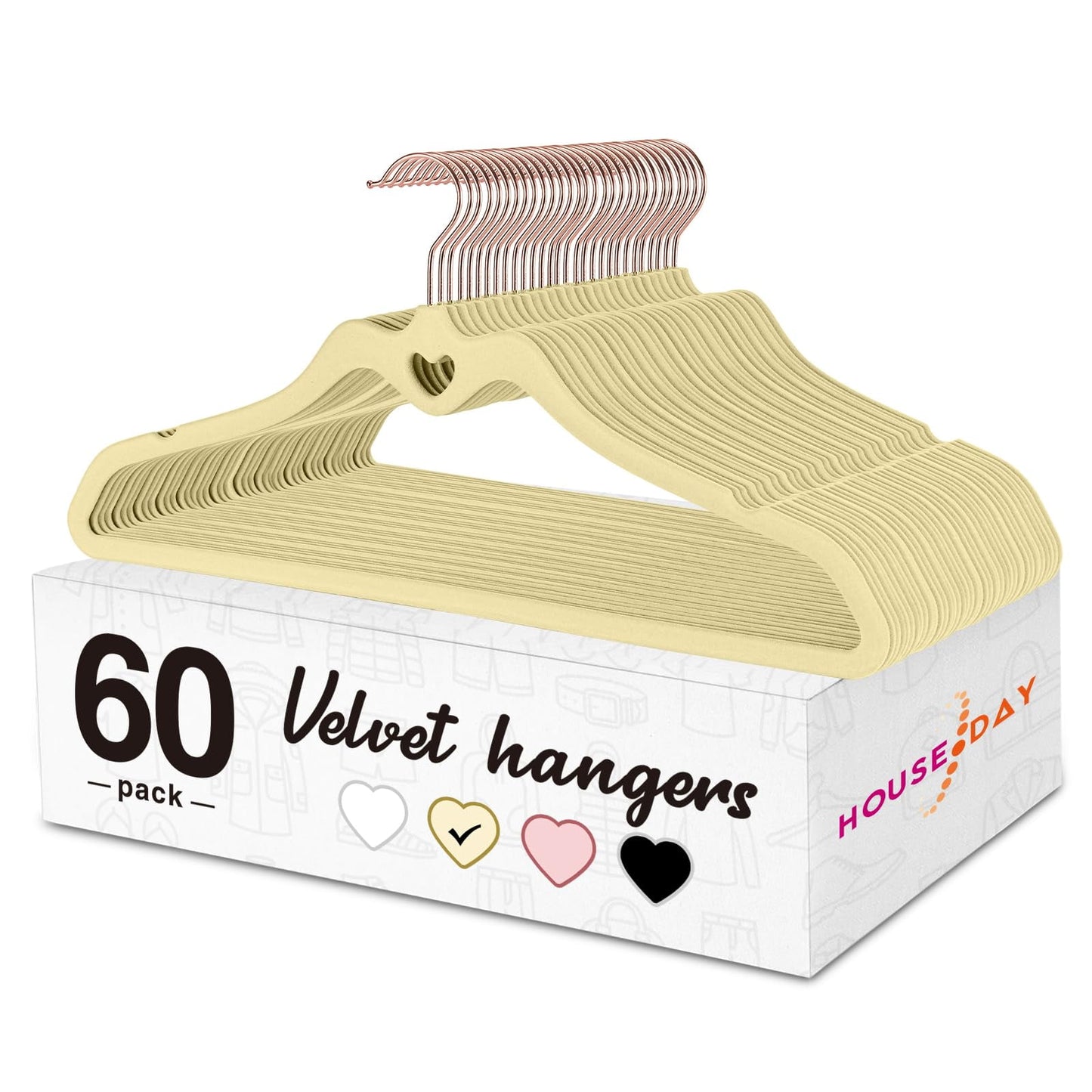 HOUSE DAY Velvet Hangers 60 Pack, Non Slip Flocked Felt Hangers, Sturdy Velvet Clothes Hangers, Cute Heart Hangers, Ultra Slim Hangers for Closet Space Saving