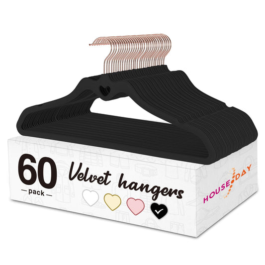 HOUSE DAY Velvet Hangers 60 Pack, Non Slip Flocked Felt Hangers, Sturdy Velvet Clothes Hangers, Cute Heart Hangers, Ultra Slim Hangers for Closet Space Saving