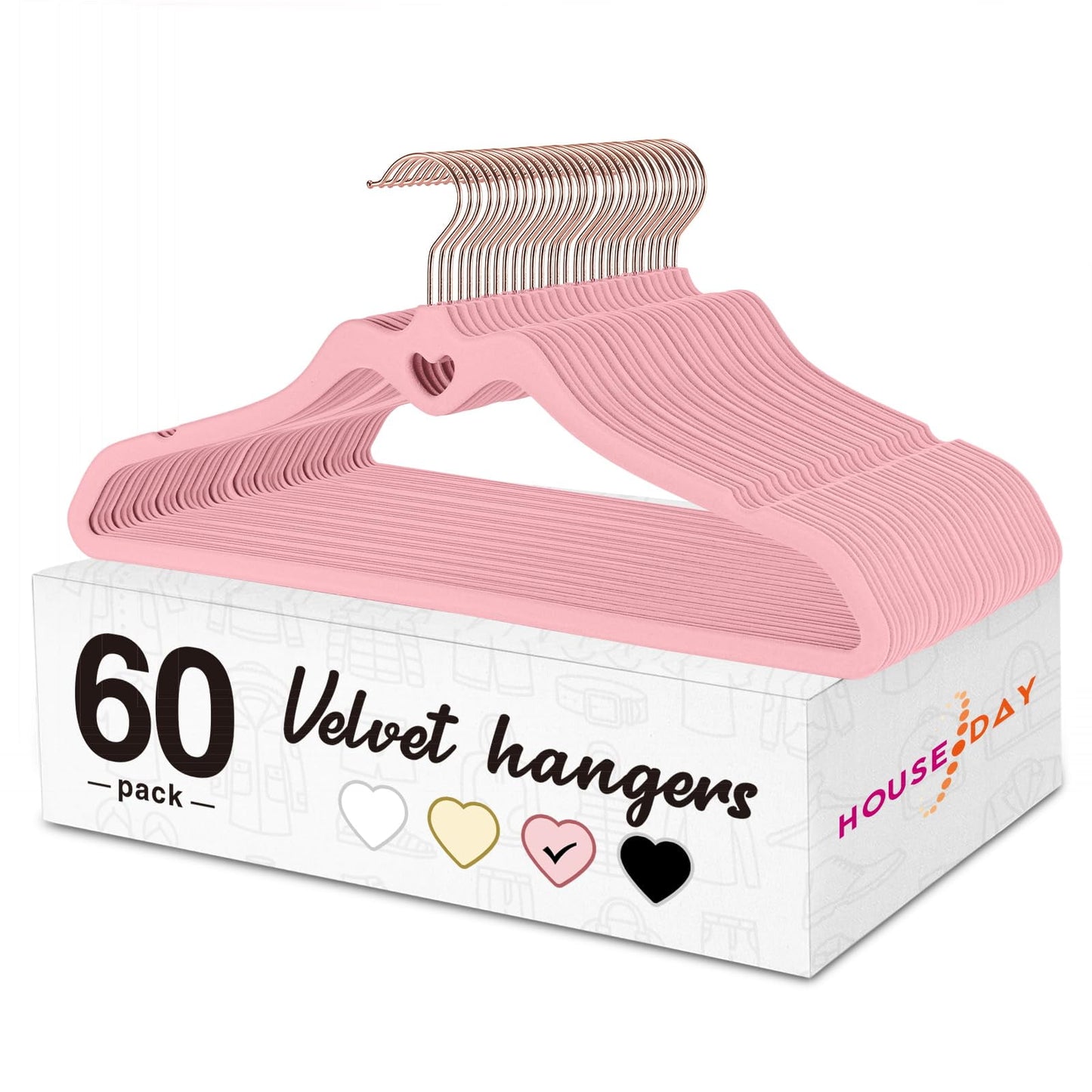 HOUSE DAY Velvet Hangers 60 Pack, Non Slip Flocked Felt Hangers, Sturdy Velvet Clothes Hangers, Cute Heart Hangers, Ultra Slim Hangers for Closet Space Saving