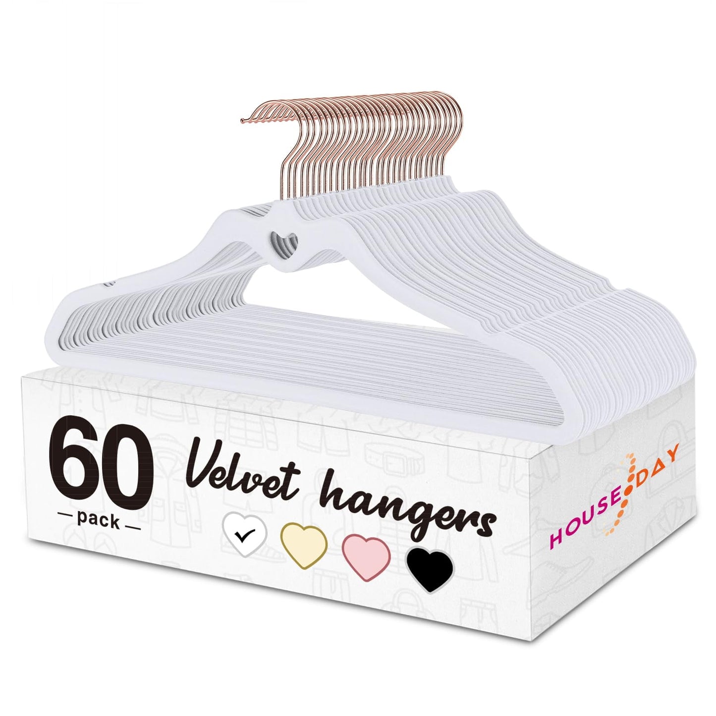 HOUSE DAY Velvet Hangers 60 Pack, Non Slip Flocked Felt Hangers, Sturdy Velvet Clothes Hangers, Cute Heart Hangers, Ultra Slim Hangers for Closet Space Saving