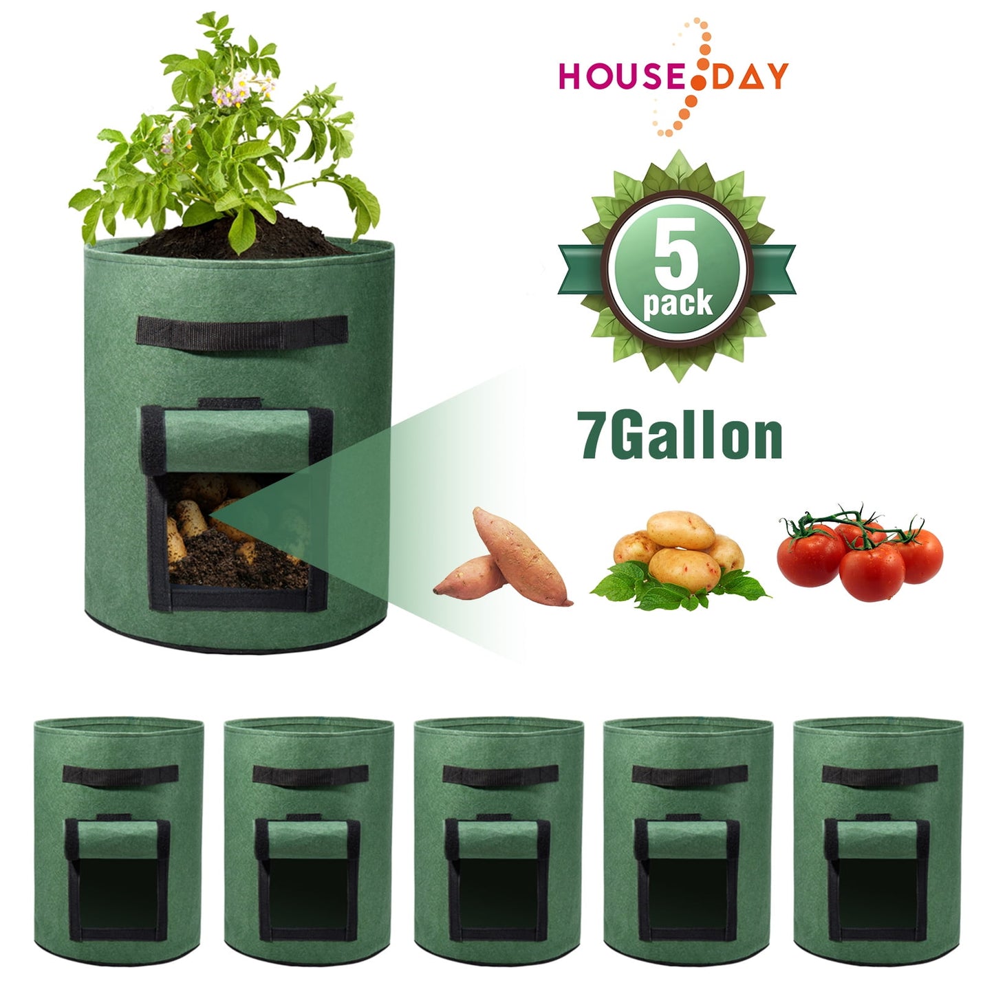 House Day 7 Gallon 5 Pack Plant Grow Bags, Non-Woven Fabric Plant Pots,Green