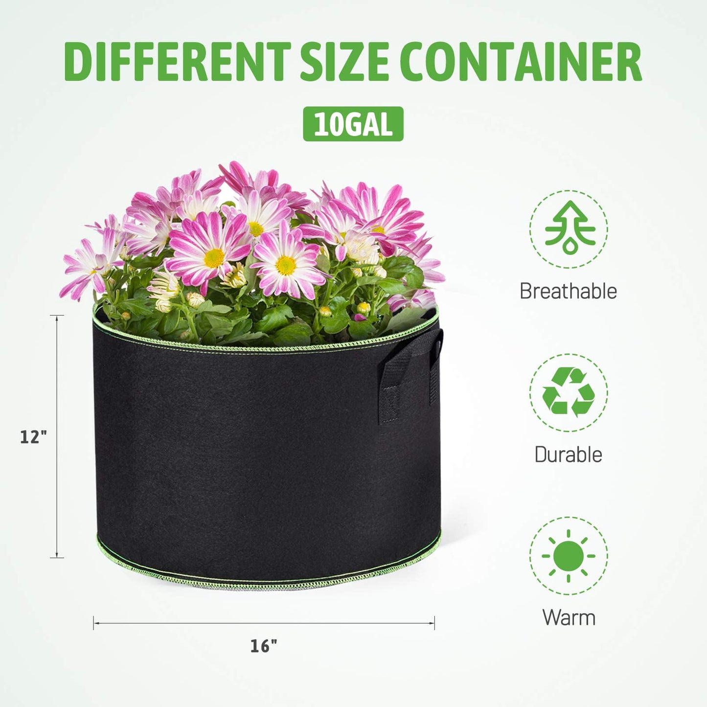 HOUSE DAY 10 Gallon Grow Bags,Non-Woven Fabric Pots,Vegetable Planter Container,10 Pack, Black